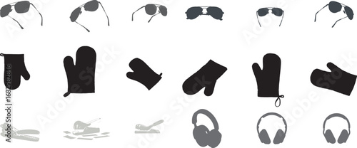 Assortment of sunglasses, oven mitts, and headphones