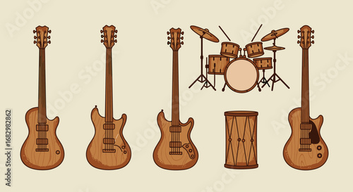 Flat music instruments: wooden guitars and drum set illustration