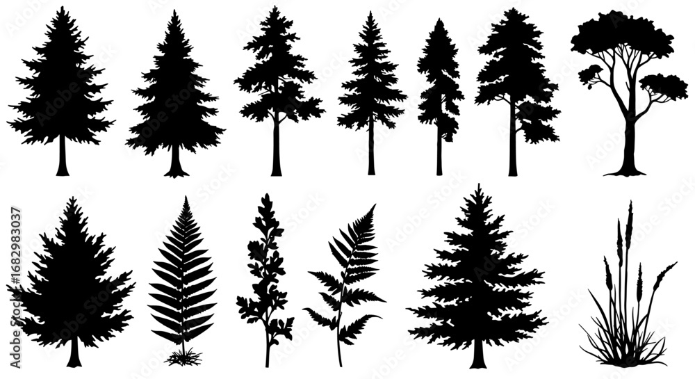 Fototapeta premium Collection of tree and plant silhouettes featuring diverse shapes and styles