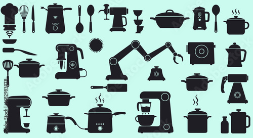 Kitchen appliance silhouettes on mint background featuring modern gadgets and essentials