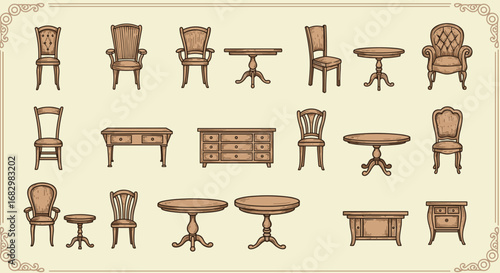 Elegant vintage furniture collection featuring antique chairs and tables