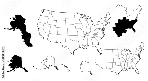 United states and alaska maps collection: outline, silhouette, and grayscale variations