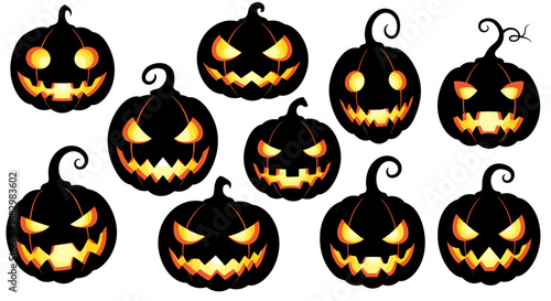 Spooky halloween pumpkin faces with glowing expressions
