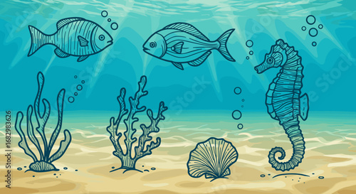 Hand drawn marine life: fish and seahorse with coral in underwater scene