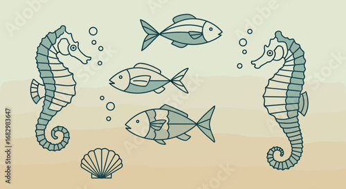 Marine life illustration with fish and seahorses in linear style
