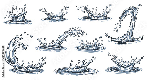 Dynamic water splashes with sketch style illustrations of waves and droplets