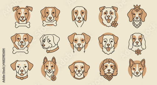 Cute linear dog faces in a grid with various breed icons on neutral background
