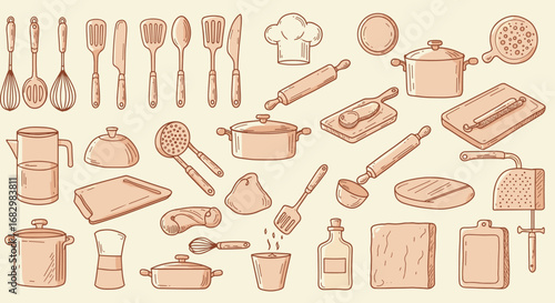Hand drawn kitchen utensils and cookware collection in vintage style