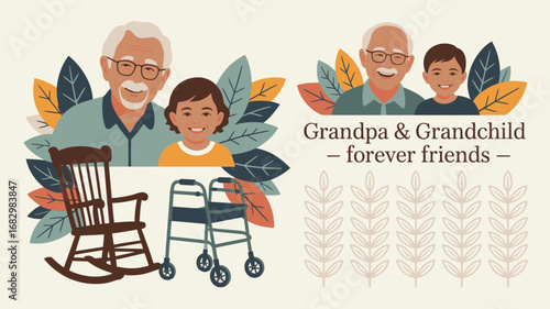 Illustration of a grandfather and grandchild with a rocking chair and walker surrounded by leaves