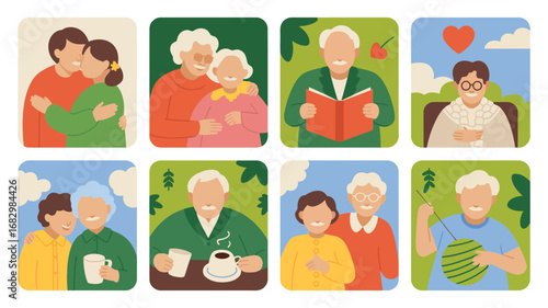 Illustrations depicting scenes of love and companionship among older adults in various activities