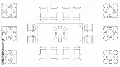 A top view of a conference room layout with tables chairs and decorative elements arranged symmetrically around