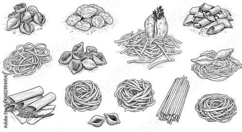 Hand-drawn variety of italian pasta types in detailed black and white art