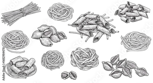 Hand drawn pasta varieties: diverse shapes in detailed monochrome sketches for culinary designs