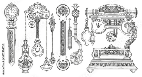 Intricate steampunk clockwork elements with victorian design and mechanical details
