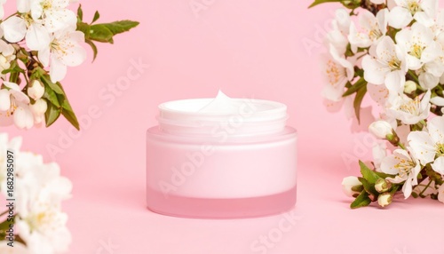 Wallpaper Mural Pink jar of cream sits centered on a soft pink surface, framed by white blossoms with green leaves. Minimalist, elegant Torontodigital.ca