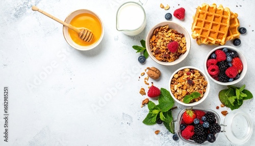 Overhead flat lay of breakfast foods waffles, honey, milk, berries, granola, and mint, arranged on a white surface with left-side negative space