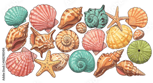 Colorful sea shell collection with starfish and coral patterns on white background
