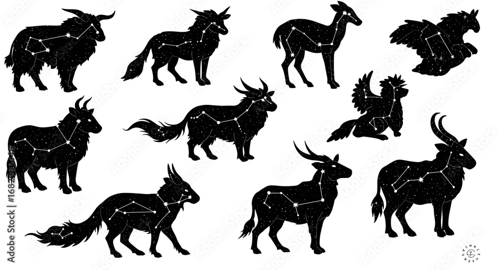 Obraz premium Mythical animal silhouettes with starry constellations