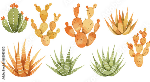 Watercolor cactus collection featuring succulents and prickly pears in earthy tones