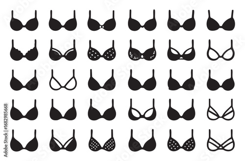 a set of bra icons in black and white. The icons show different bra designs, including models with buttons, strapless, with patterns (e.g. polka dots) and with different cup shapes.