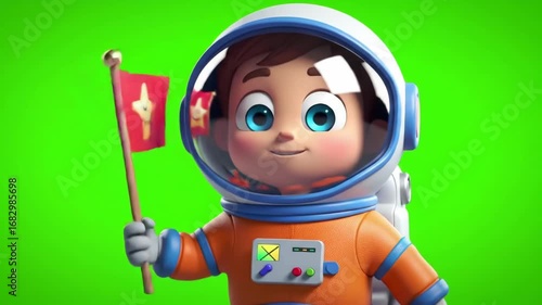 Boy Astronaut Waving Flag on Green Screen