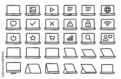 30 line-drawn icons, each depicting a laptop or similar device with different symbols on the screen.