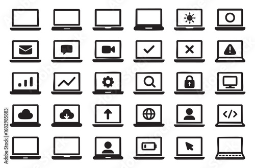 a set of outline icons that represent laptops with different symbols indicating different functions or states.