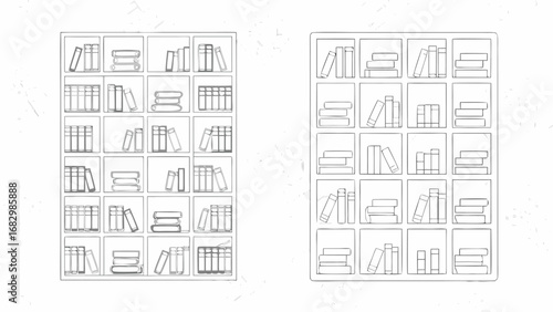 Illustration of two bookshelves filled with books and stacks of paper in a simple line drawing style art