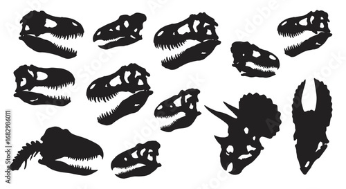 Dinosaur skull silhouettes collection featuring t. rex and triceratops