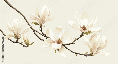 Elegant magnolia blooms on branch in soft watercolor style