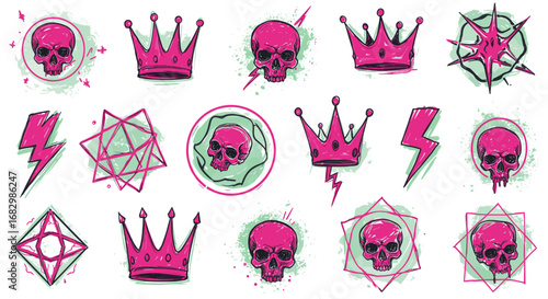 Edgy neon pink and green skulls and crowns with grunge elements