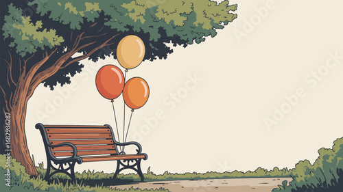 A park bench under a tree with balloons tied to it in a cartoon style illustration with a path nearby