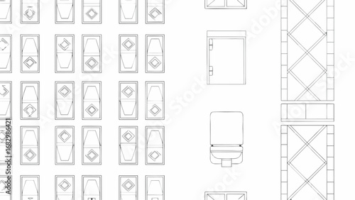 Detailed architectural drawing featuring multiple windows, a cabinet, toilet, and structural support beam