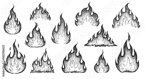 Hand-drawn sketched fire flames collection illustrating various styles and shapes