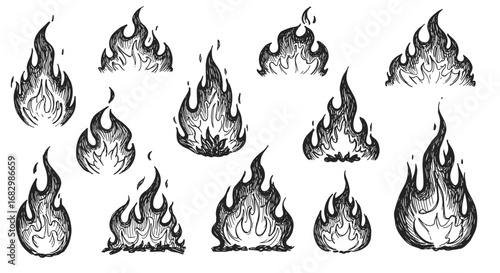 Hand-drawn fire flames set in sketch style for creative design projects