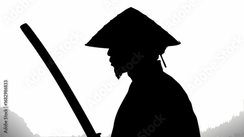 Silhouette of a samurai warrior with a conical hat holding a katana against a bright white background