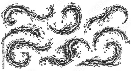 Intricate hand drawn water element set with splash and droplet designs