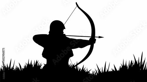 Silhouette of an archer with bow and arrow aiming in a field of grass against a white background scene
