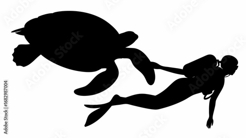 Silhouette of a scuba diver swimming with a sea turtle in the ocean underwater adventure scene is visible