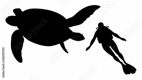 Silhouette illustration of a sea turtle swimming near a scuba diver in an underwater environment scene