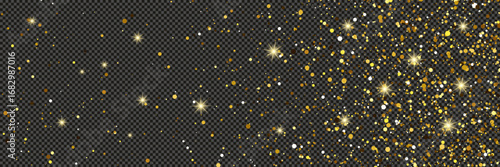 Gold glittering dust with stars on transparent backdrop