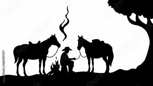 Silhouette of a cowboy sitting by a campfire with two horses under a tree in the wilderness scene