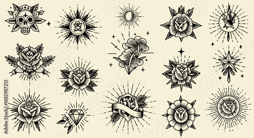 Traditional tattoo style rose and skull designs with vintage charm
