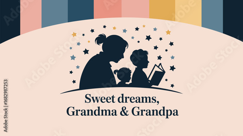 Silhouette of woman and children reading under stars with sweet dreams grandma and grandpa text art
