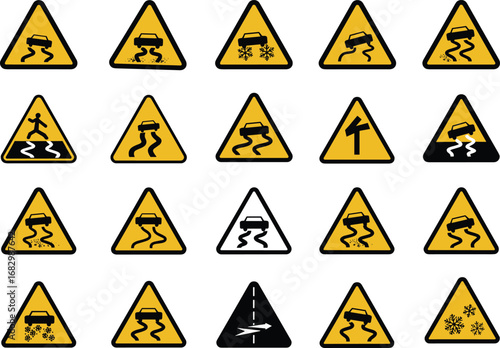 Collection of slippery road and caution warning traffic signs set with icy roads, sharp turns, pedestrian danger, driving hazard, and safety symbols vector
