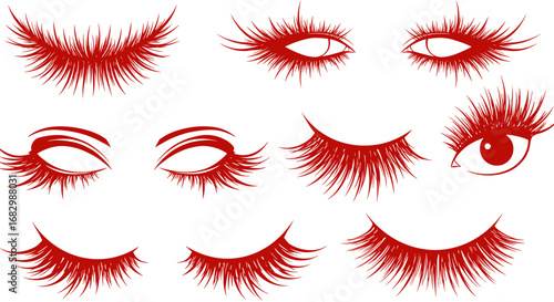 Red eyelash and eye set in flat style for beauty and makeup design