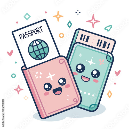 Cute cartoon passport and boarding pass with smiling faces and sparkles