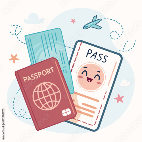 Illustration of passport and boarding pass with smiling face and airplane