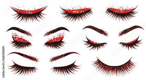 Elegant eye makeup designs with red glitter accents