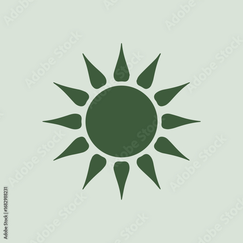 Illustration of a green sun with rays, a symbol of solar energy, warmth, and summer, perfect for designs related to nature, weather, and abstract concepts